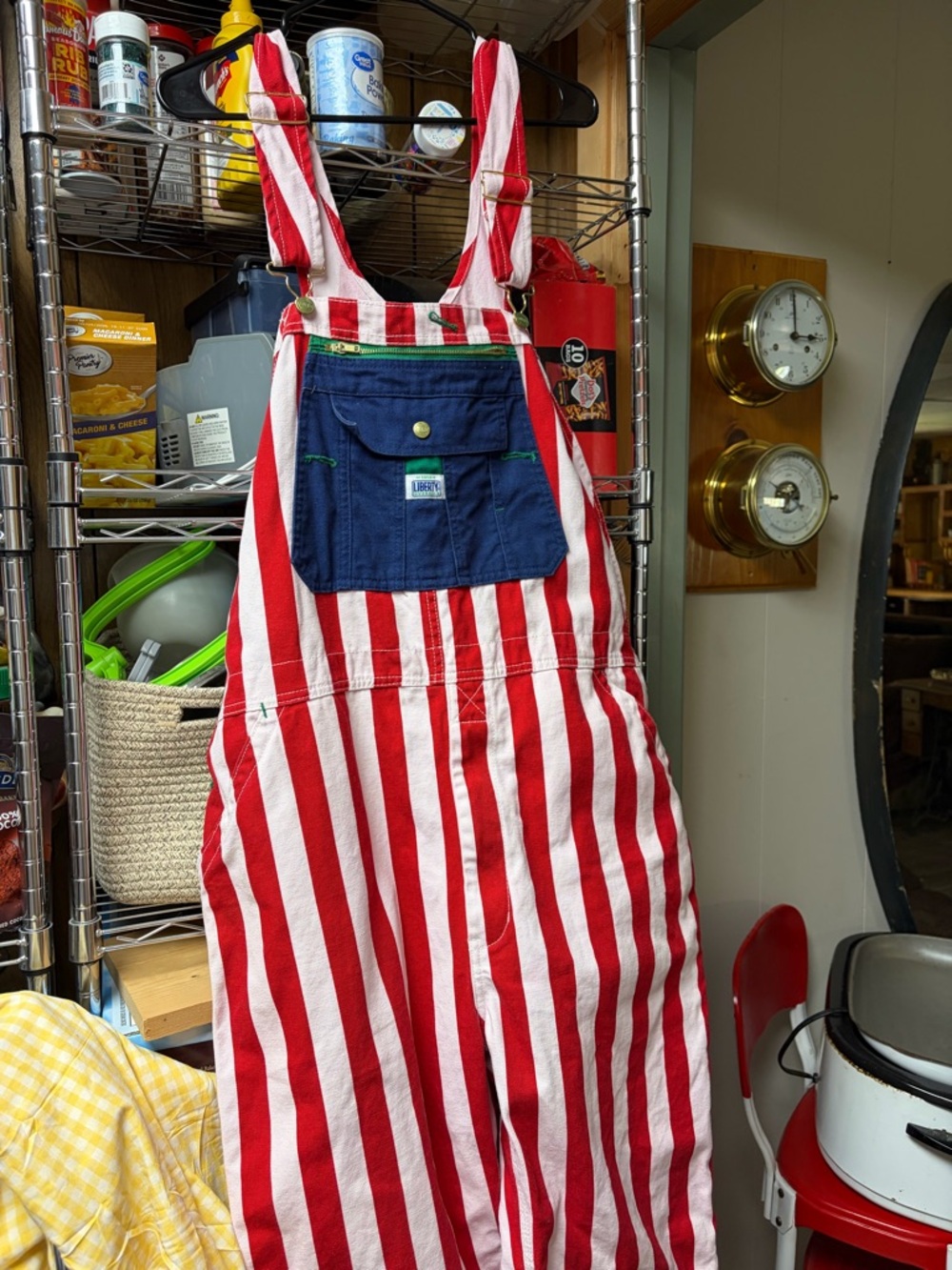 liberty Red and White Striped Mens Overalls with Blue Bib